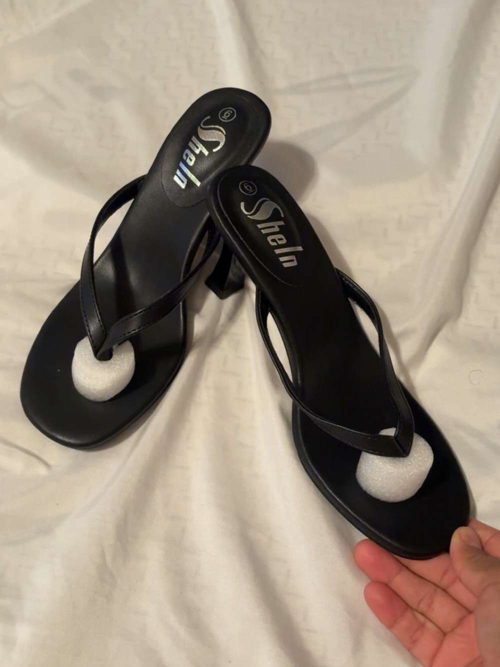 SHEIN Black Square-Toe Thong Block Heel Sandals
